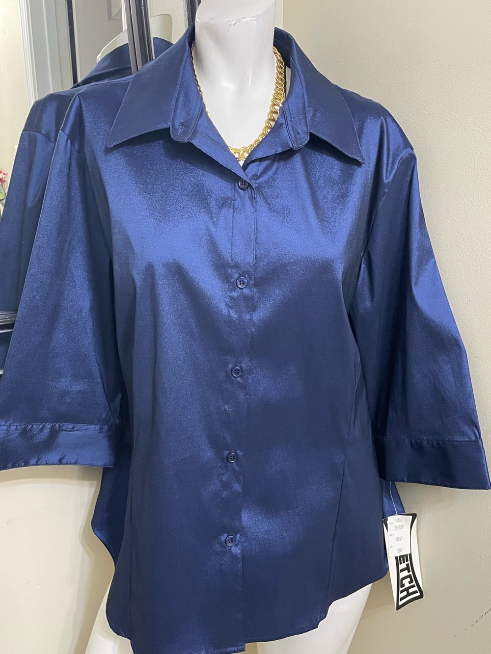 TC Satin Navy Button-Front Shirt